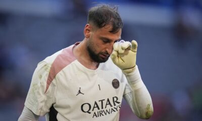 PSG's goalkeeper Gianluigi Donnarumma wipes his face during a training session ahead of the Champions League final soccer match between Paris Saint-Germain and Inter Milan at the Allianz Arena in Munich, Germany, Friday, May 30, 2025. (AP Photo/Matthias Schrader)