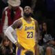 Los Angeles Lakers forward LeBron James looks up toward the scoreboard in the closing seconds in Game 5 of an NBA basketball first-round playoff series against the Minnesota Timberwolves, Wednesday, April 30, 2025, in Los Angeles. (AP Photo/Mark J. Terrill)