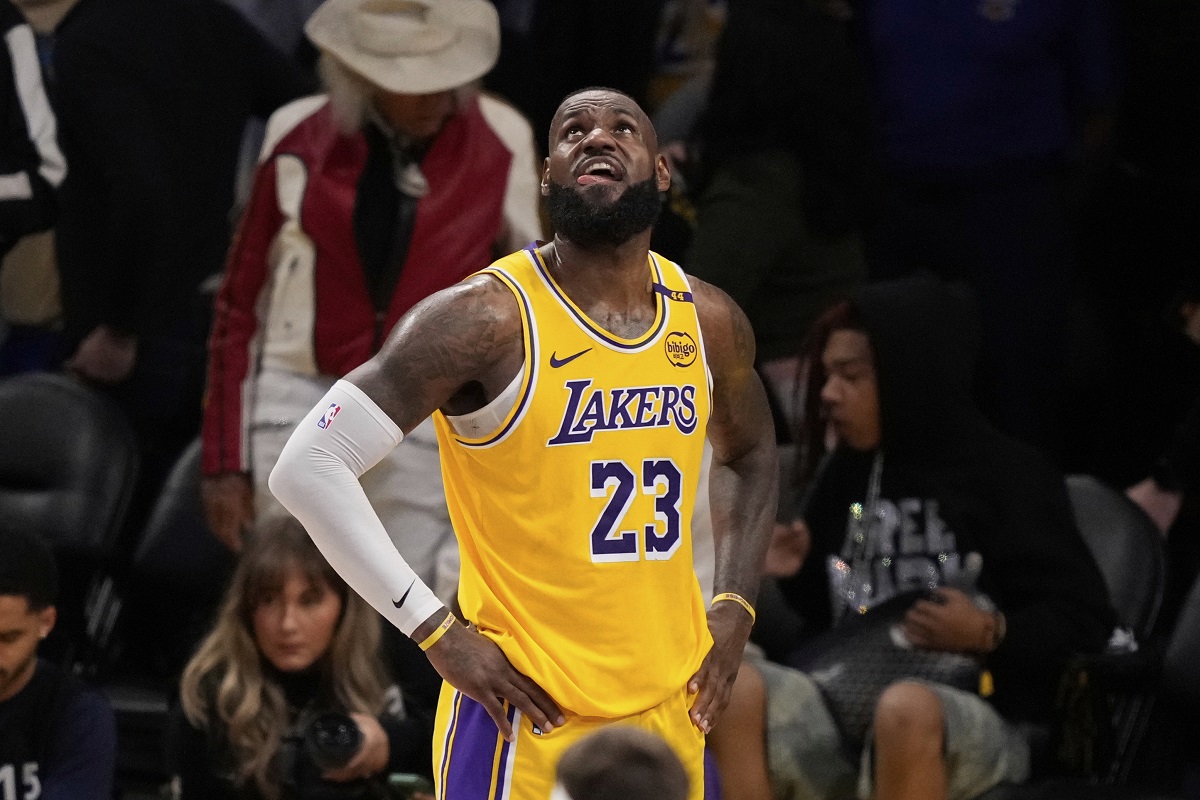 Los Angeles Lakers forward LeBron James looks up toward the scoreboard in the closing seconds in Game 5 of an NBA basketball first-round playoff series against the Minnesota Timberwolves, Wednesday, April 30, 2025, in Los Angeles. (AP Photo/Mark J. Terrill)