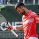 Novak Djokovic, of Serbia, reacts after losing a point to Cameron Norrie of Britain, during their semi-final match, at the ATP 250 Geneva Open tournament in Geneva, Switzerland, Friday, May 23, 2025. (Martial Trezzini/Keystone via AP)