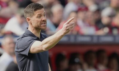 FILE - Leverkusen's head coach Xabi Alonso gives instructions from the side line during the German Bundesliga soccer match between Bayer Leverkusen and Union Berlin at the BayArena in Leverkusen, Germany, on April 12, 2025. (AP Photo/Martin Meissner, File)