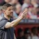 FILE - Leverkusen's head coach Xabi Alonso gives instructions from the side line during the German Bundesliga soccer match between Bayer Leverkusen and Union Berlin at the BayArena in Leverkusen, Germany, on April 12, 2025. (AP Photo/Martin Meissner, File)
