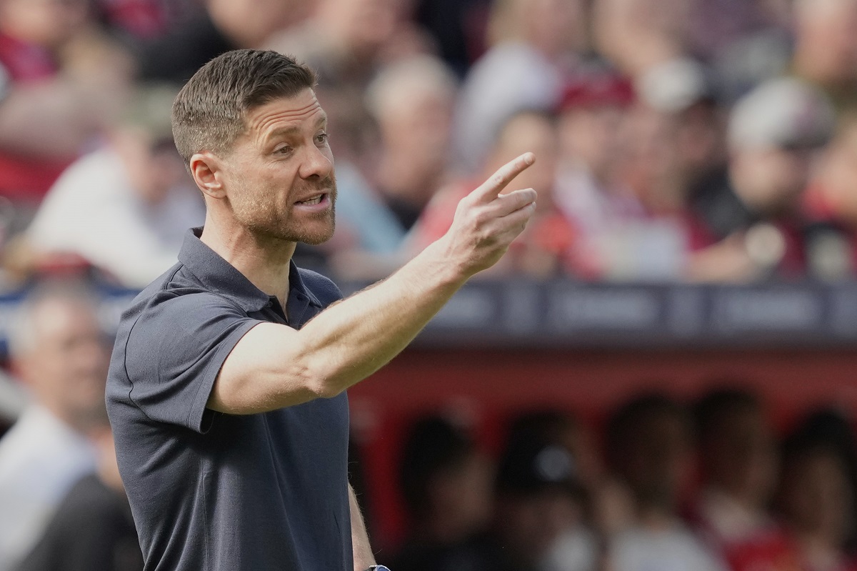 FILE - Leverkusen's head coach Xabi Alonso gives instructions from the side line during the German Bundesliga soccer match between Bayer Leverkusen and Union Berlin at the BayArena in Leverkusen, Germany, on April 12, 2025. (AP Photo/Martin Meissner, File)