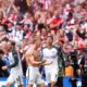 Sunderland's Tom Watson celebrates scoring his side's second goal during the Sky Bet Championship play off final between Sheffield United and Sunderland, at Wembley Stadium, London, Saturday May 24, 2025. (John Walton/PA via AP)