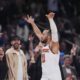 New York Knicks' Jalen Brunson (11) gestures to fans during the second half of Game 6 in the Eastern Conference semifinals of the NBA basketball playoffs against the Boston Celtics Friday, May 16, 2025, in New York. (AP Photo/Frank Franklin II)