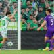 Betis' Abde Ezzalzouli celebrates after scoring during the Conference League semifinal first leg soccer match between Betis and Fiorentina at the Benito Villamarin stadium in Seville, Spain, Thursday, May 1, 2025. (AP Photo/Jose Breton)
