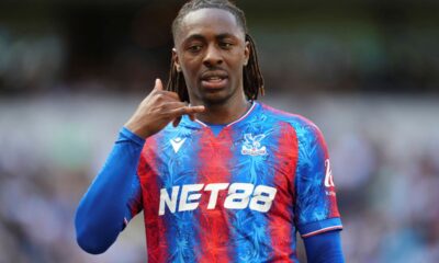Crystal Palace's Eberechi Eze celebrates scoring his side's opening goal during the English Premier League soccer match between Tottenham Hotspur and Crystal Palace, at Tottenham Hotspur Stadium, London, Sunday May 11, 2025. (John Walton/PA via AP)