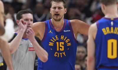 Denver Nuggets center Nikola Jokic (15) argues after he was called for a foul in the first half of Game 3 in the Western Conference semifinals of the NBA basketball playoffs against the Oklahoma City Thunder, Friday, May 9, 2025, in Denver. (AP Photo/David Zalubowski)