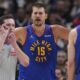 Denver Nuggets center Nikola Jokic (15) argues after he was called for a foul in the first half of Game 3 in the Western Conference semifinals of the NBA basketball playoffs against the Oklahoma City Thunder, Friday, May 9, 2025, in Denver. (AP Photo/David Zalubowski)