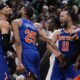 New York Knicks celebrate after defeating the Boston Celtics in Game 1 of an NBA basketball second-round playoff series Monday, May 5, 2025, in Boston. (AP Photo/Charles Krupa)