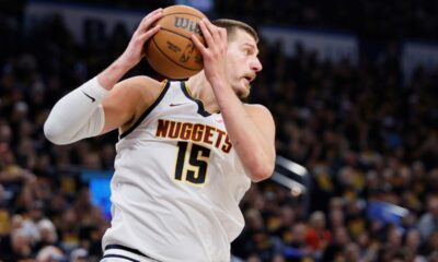 Denver Nuggets' Nikola Jokic (15) grabs a rebound in the second half of Game 1 of an NBA basketball second-round playoff series against the Oklahoma City Thunder Monday, May 5, 2025, in Oklahoma City. (AP Photo/Nate Billings)
