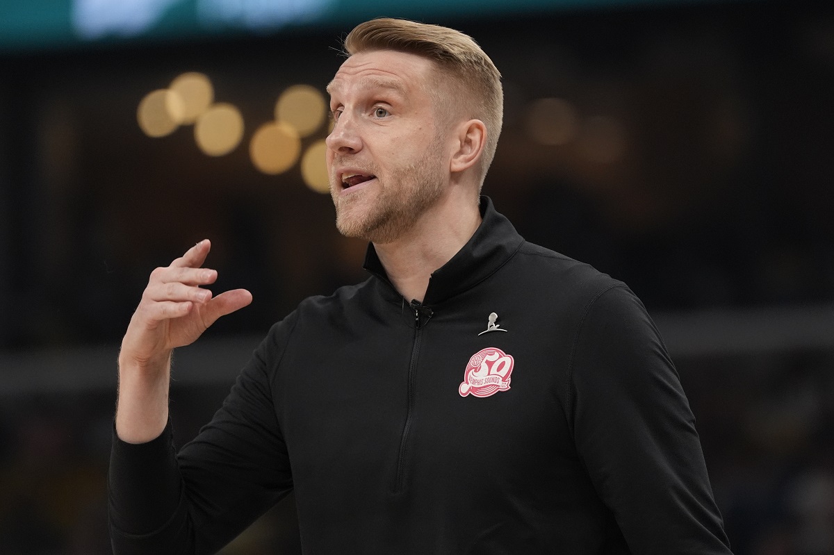 Memphis Grizzlies interim head coach Tuomas Iisalo yells to his players during the first half in Game 4 of an NBA basketball first-round playoff series Saturday, April 26, 2025, in Memphis, Tenn. (AP Photo/George Walker IV)