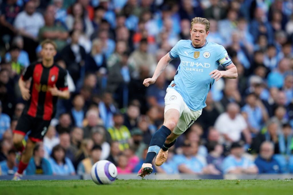Manchester City's Kevin De Bruyne in action during the English Premier League soccer match between Manchester City and Bournemouth at the Etihad stadium in Manchester, England, Tuesday, May 20, 2025. (AP Photo/Dave Thompson)
