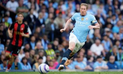 Manchester City's Kevin De Bruyne in action during the English Premier League soccer match between Manchester City and Bournemouth at the Etihad stadium in Manchester, England, Tuesday, May 20, 2025. (AP Photo/Dave Thompson)