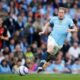 Manchester City's Kevin De Bruyne in action during the English Premier League soccer match between Manchester City and Bournemouth at the Etihad stadium in Manchester, England, Tuesday, May 20, 2025. (AP Photo/Dave Thompson)