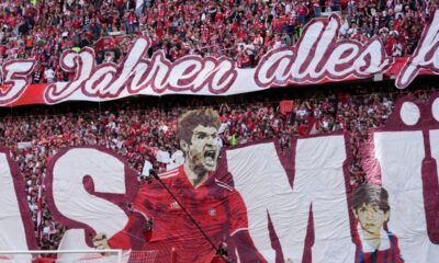 Bayern Munich fans display a tifo for Thomas Mueller ahead of his last home game for Bayern Munich ahead of the German Bundesliga soccer match between FC Bayern Munich and Borussia Moenchengladbach in Munich, Germany, Saturday, May 10, 2025. (AP Photo/Matthias Schrader)