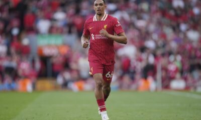 Liverpool's Trent Alexander-Arnold runs during the English Premier League soccer match between Liverpool and Arsenal, at Anfield stadium in Liverpool, England, Sunday, May 11, 2025. (AP Photo/Jon Super)