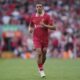 Liverpool's Trent Alexander-Arnold runs during the English Premier League soccer match between Liverpool and Arsenal, at Anfield stadium in Liverpool, England, Sunday, May 11, 2025. (AP Photo/Jon Super)