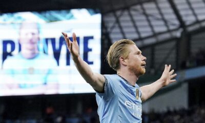 Manchester City's Kevin De Bruyne celebrates scoring during the English Premier League soccer match between Manchester City and Wolverhampton Wanderers at Etihad Stadium, Manchester, England, Friday May 2, 2025. (Martin Rickett/PA via AP)