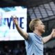 Manchester City's Kevin De Bruyne celebrates scoring during the English Premier League soccer match between Manchester City and Wolverhampton Wanderers at Etihad Stadium, Manchester, England, Friday May 2, 2025. (Martin Rickett/PA via AP)