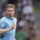 Manchester City's Kevin De Bruyne during the English Premier League soccer match between Fulham and Manchester City at Craven Cottage, London, Sunday, May 25, 2025. (AP Photo/Dave Shopland)