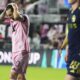 Inter Miami forward Lionel Messi (10) reacts after missing shot on the goal during the first half of a CONCACAF Champions Cup second-leg semifinal soccer match against the Vancouver Whitecaps, Wednesday, April 30, 2025, in Fort Lauderdale, Fla. (AP Photo/Lynne Sladky)