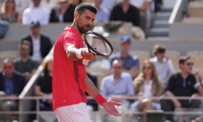 French Open Tennis Serbia's Novak Djokovic reacts as he plays against Britain's Cameron Norrie during their fourth round match of the French Tennis Open at the Roland-Garros stadium in Paris, Monday, June 2, 2025. (AP Photo/Thibault Camus)