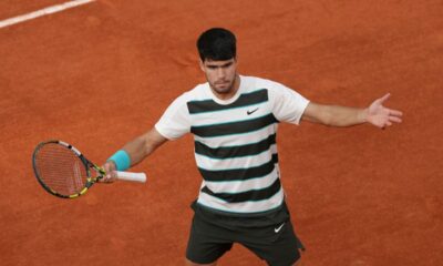 Spain's Carlos Alcaraz reacts during the final match of the French Tennis Open at the Roland-Garros against Italy's Jannik Sinner in Paris, Sunday, June 8, 2025. (AP Photo/Aurelien Morissard)