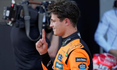 McLaren driver Lando Norris of Britain reacts after winning the pole positio at the qualifying at the Red Bull Ring racetrack, ahead of the Austrian Formula One Grand Prix in Spielberg, Austria, Saturday, June 28, 2025. (AP Photo/Darko Bandic)