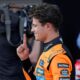 McLaren driver Lando Norris of Britain reacts after winning the pole positio at the qualifying at the Red Bull Ring racetrack, ahead of the Austrian Formula One Grand Prix in Spielberg, Austria, Saturday, June 28, 2025. (AP Photo/Darko Bandic)
