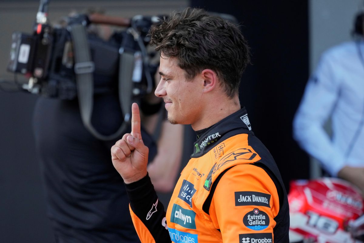 McLaren driver Lando Norris of Britain reacts after winning the pole positio at the qualifying at the Red Bull Ring racetrack, ahead of the Austrian Formula One Grand Prix in Spielberg, Austria, Saturday, June 28, 2025. (AP Photo/Darko Bandic)
