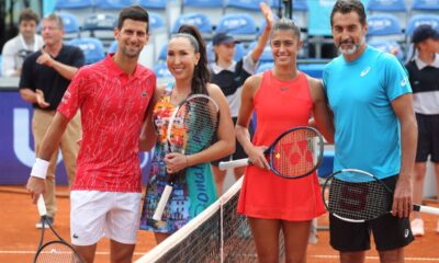 NOVAK DJOKOVIC teniser Srbije, JELENA JANKOVIC teniserka Srbije, OLGA DANILOVIC teniserka Srbije, NENAD ZIMONJIC teniser Srbije na dubl mecu Adria tura na terenima tenis centra Novak,Beograd 12.06.2020. godine Foto: Marko Metlas Tenis, Srbija, Adria tour