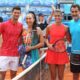 NOVAK DJOKOVIC teniser Srbije, JELENA JANKOVIC teniserka Srbije, OLGA DANILOVIC teniserka Srbije, NENAD ZIMONJIC teniser Srbije na dubl mecu Adria tura na terenima tenis centra Novak,Beograd 12.06.2020. godine Foto: Marko Metlas Tenis, Srbija, Adria tour