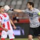 VLADIMIR STOJKOVIC golman fudbalera Partizana na utakmici finala Kupa Srbije i NIKOLA KRSTOVIC iz Crvene zvezde na stadionu Rajko Mtiic, Beograd 25.05.2021. godine Foto: Marko Metlas Fudbal, Crvena zvezda, Kup Srbije, Partizan