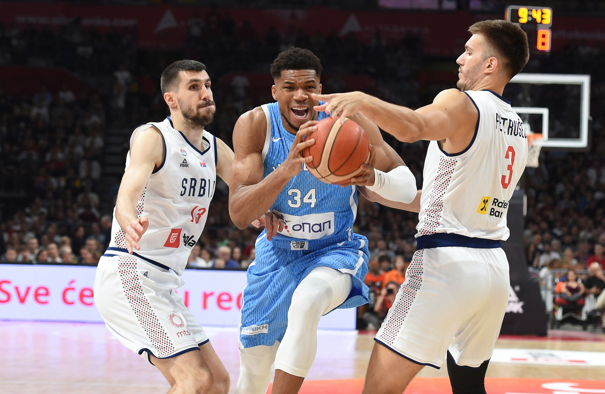 GIANNIS ANTETOKOUNMPO Janis Adetokunbo, kosarkas Grcke, na prijateljskoj utakmici protiv Srbije, u Beogradskoj areni. Beograd, 22.07.2024. foto: Nebojsa Parausic Kosarka, Srbija, Grcka
