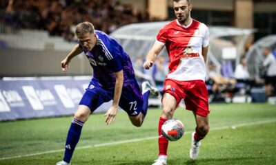 DJORDJE CRNOMARKOVIC, fudbaler Vojvodine, na utakmici Lige Konferencije protiv Maribora, JOSIP ILICIC, na stadionu Ljudski vrt. Maribor, 08.08.2024. foto: MN Press / bw Fudbal, UEFA Conference League, Maribor, Vojvodina