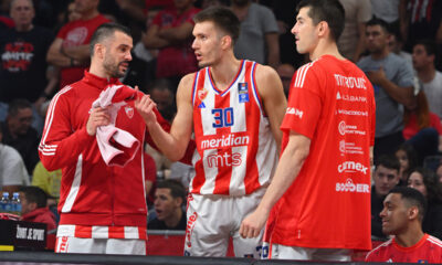 BRANKO LAZIC, FILIP PETRUSEV, LUKA MITROVIC kosarkasi Crvene zvezde na utakmici polufinala Jadranske ABA lige protiv Budicnosti Podgorica u hali Beogradska arena, Beograd 29.05.2025. godine Foto: Marko Metlas Kosarka, Crvena zvezda, Jadranska ABA liga, Buducnost Podgorica