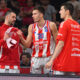 BRANKO LAZIC, FILIP PETRUSEV, LUKA MITROVIC kosarkasi Crvene zvezde na utakmici polufinala Jadranske ABA lige protiv Budicnosti Podgorica u hali Beogradska arena, Beograd 29.05.2025. godine Foto: Marko Metlas Kosarka, Crvena zvezda, Jadranska ABA liga, Buducnost Podgorica