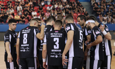 Rukometasi Partizana, proslavljaju pobedu na utakmici finala Superlige Prvenstva Srbije protiv Vojvodine Novi Sad u hali Banjica. Beograd, 31.05.2025. foto: MN PRESS PHOTO / mn Rukomet, Partizan, Vojvodina Novi Sad, Superliga Prvenstvo Srbije