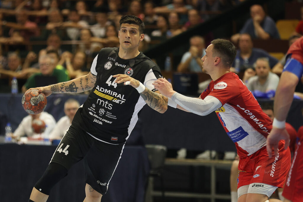 PETAR DJORDJIC rukometas Partizana na utakmici finala Prevnstva Srbije protiv Vojvodine u hali Spens, Novi Sad 04.06.2025. godine Foto: Ivica Veselinov / MN PRESS RUKOMET, HANDBALL, PRVENSTVO SRBIJE, NATIONAL CHAMPIONSHIP, VOJVODINA, PARTIZAN