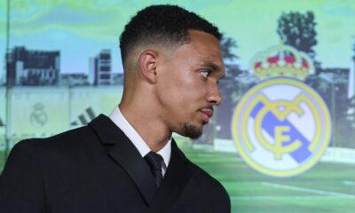 Real Madrid's new signing soccer player Trent Alexander-Arnold arrives for a press conference during his official presentation at Real Madrid's Valdebebas training ground in Madrid, Spain, Thursday, June 12, 2025. (AP Photo/Manu Fernandez)