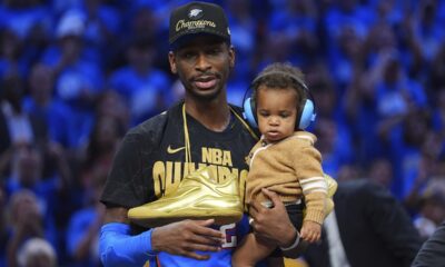 Oklahoma City Thunder guard Shai Gilgeous-Alexander celebrates after they won the NBA basketball championship with a Game 7 victory against the Indiana Pacers Sunday, June 22, 2025, in Oklahoma City. (AP Photo/Julio Cortez)