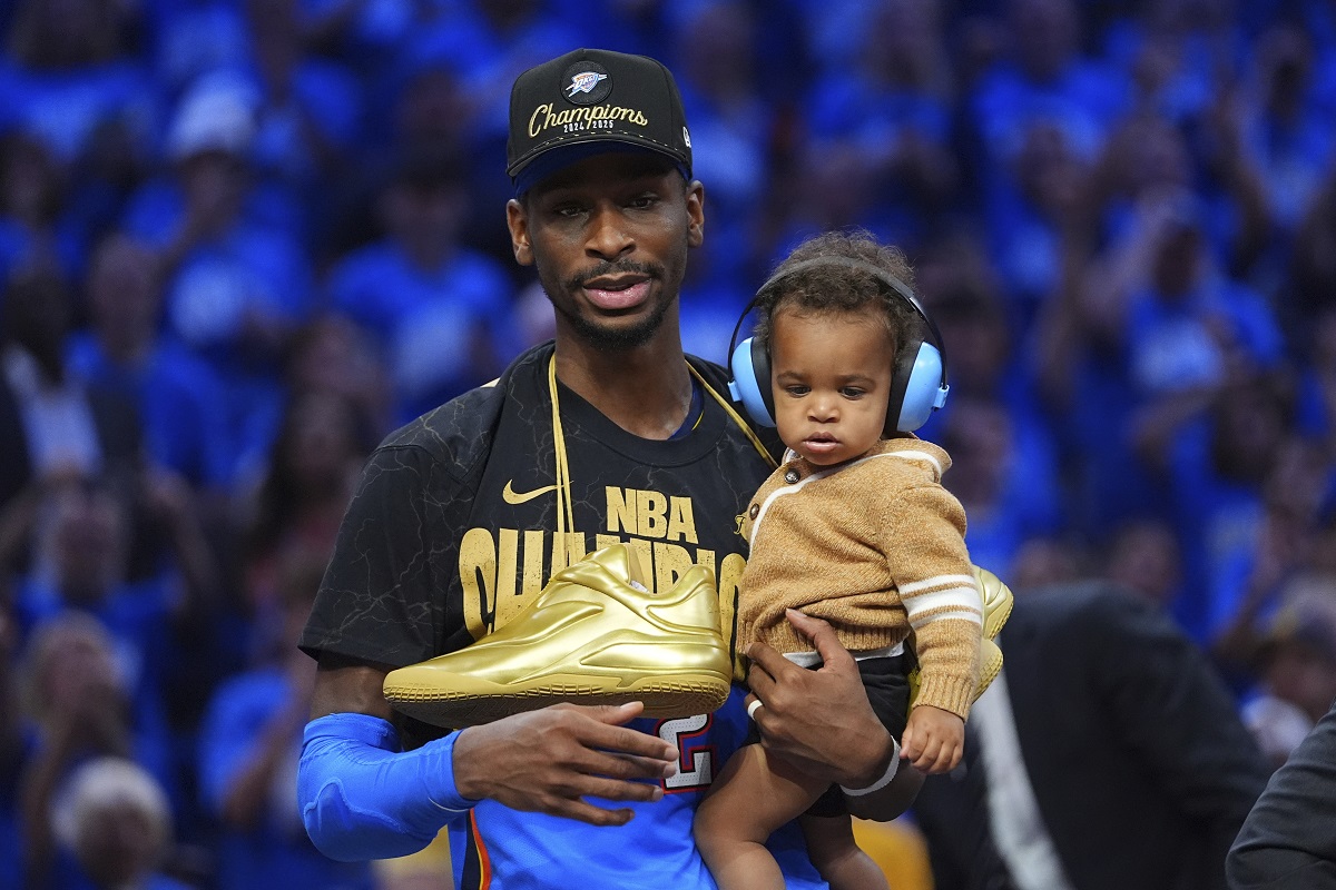 Oklahoma City Thunder guard Shai Gilgeous-Alexander celebrates after they won the NBA basketball championship with a Game 7 victory against the Indiana Pacers Sunday, June 22, 2025, in Oklahoma City. (AP Photo/Julio Cortez)