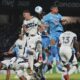 Georgios Giakoumakis of Mexico's Cruz Azul, top right, and Ranko Veselinovic of Canada's Vancouver Whitecaps vie for the ball during the CONCACAF Champions Cup final soccer match in Mexico City, Sunday, June 1, 2025. (AP Photo/Fernando Llano)