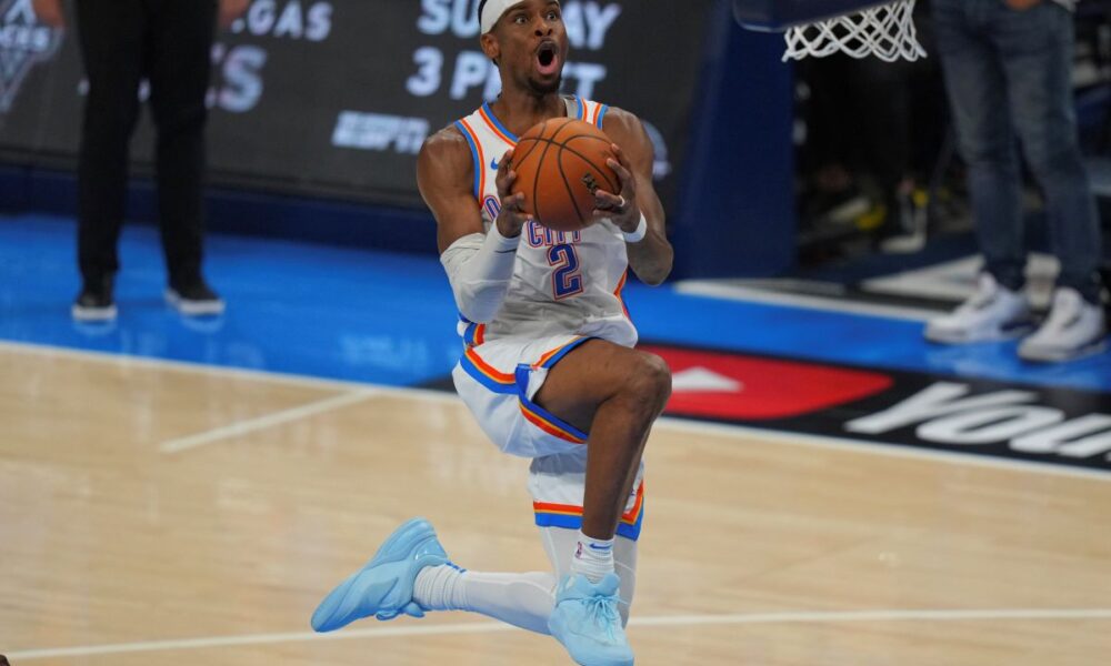 Oklahoma City Thunder guard Shai Gilgeous-Alexander does up to score against the Indiana Pacers during the second half of Game 5 of the NBA Finals basketball series, Monday, June 16, 2025, in Oklahoma City. (AP Photo/Nate Billings)