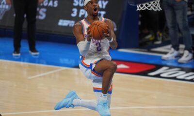 Oklahoma City Thunder guard Shai Gilgeous-Alexander does up to score against the Indiana Pacers during the second half of Game 5 of the NBA Finals basketball series, Monday, June 16, 2025, in Oklahoma City. (AP Photo/Nate Billings)