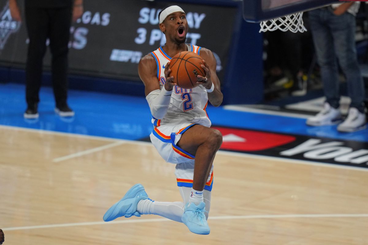 Oklahoma City Thunder guard Shai Gilgeous-Alexander does up to score against the Indiana Pacers during the second half of Game 5 of the NBA Finals basketball series, Monday, June 16, 2025, in Oklahoma City. (AP Photo/Nate Billings)
