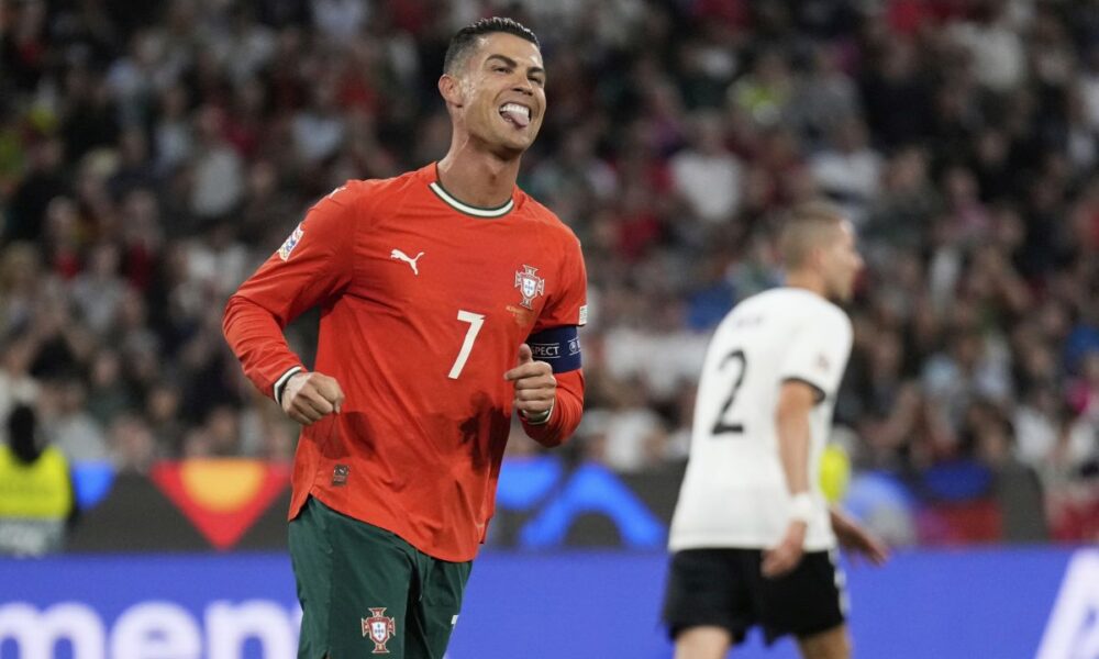 Portugal's Cristiano Ronaldo reacts after missing an opportunity to score during the Nations League semifinal soccer match between Portugal and Germany at the Munich Football Arena, in Munich, Germany, Wednesday, June 4, 2025. (AP Photo/Matthias Schrader)