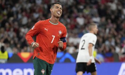 Portugal's Cristiano Ronaldo reacts after missing an opportunity to score during the Nations League semifinal soccer match between Portugal and Germany at the Munich Football Arena, in Munich, Germany, Wednesday, June 4, 2025. (AP Photo/Matthias Schrader)