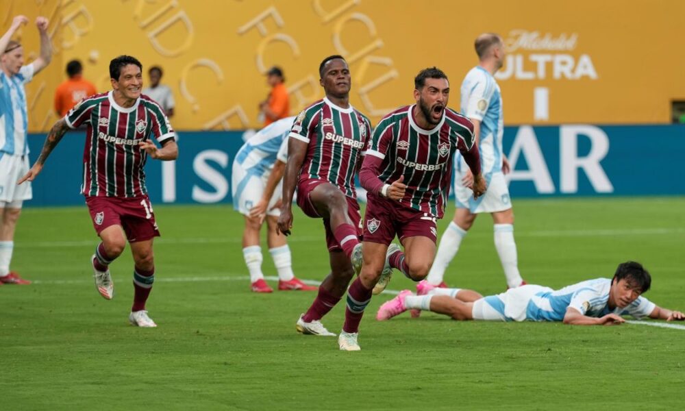 Fluminense's Juan Pablo Freytes (22) reacts after scoring a goal against Ulsan HD during the second half of a Club World Cup group F soccer match, Saturday, June 21, 2025, in East Rutherford, N.J. (AP Photo/Seth Wenig)